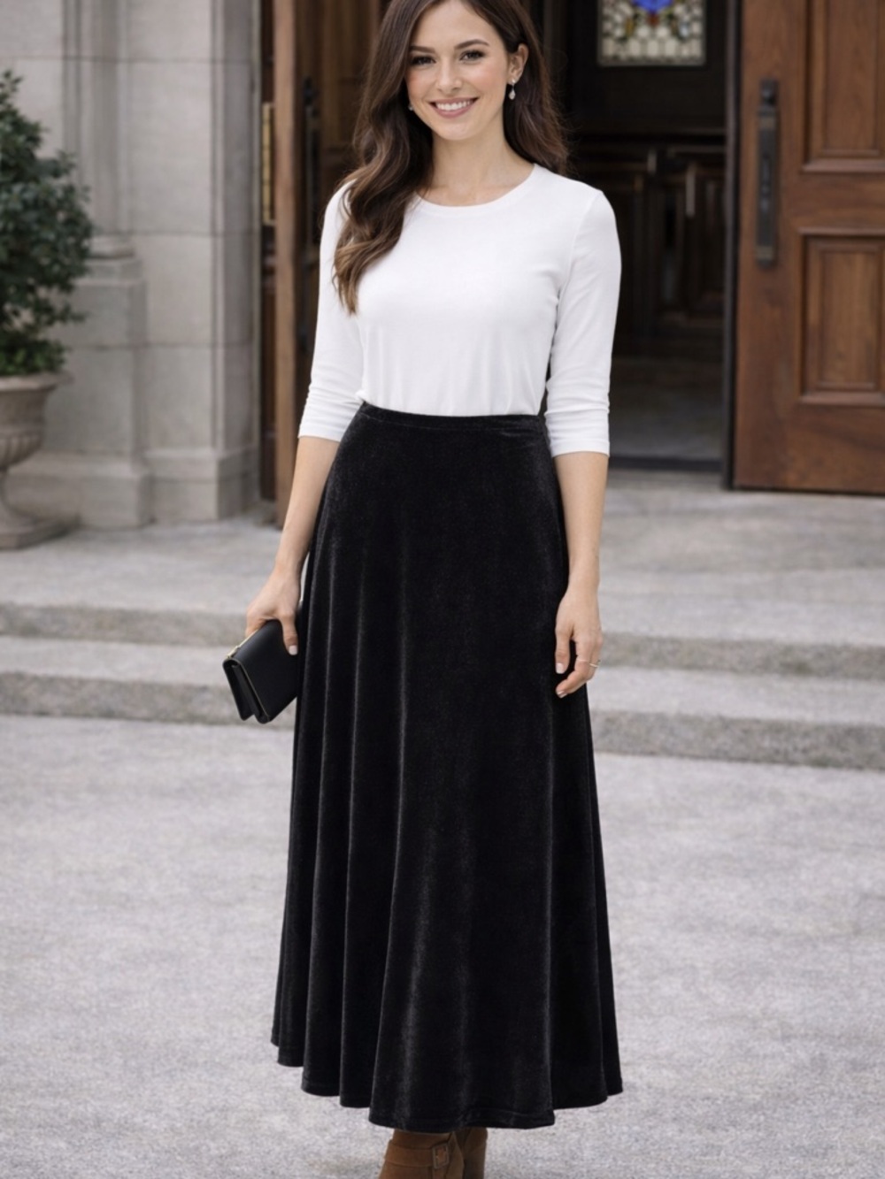Vintage Black Velour Maxi Skirt | 90s Velvet A-Line Long Skirt Holiday Glam - Picture 7 of 11